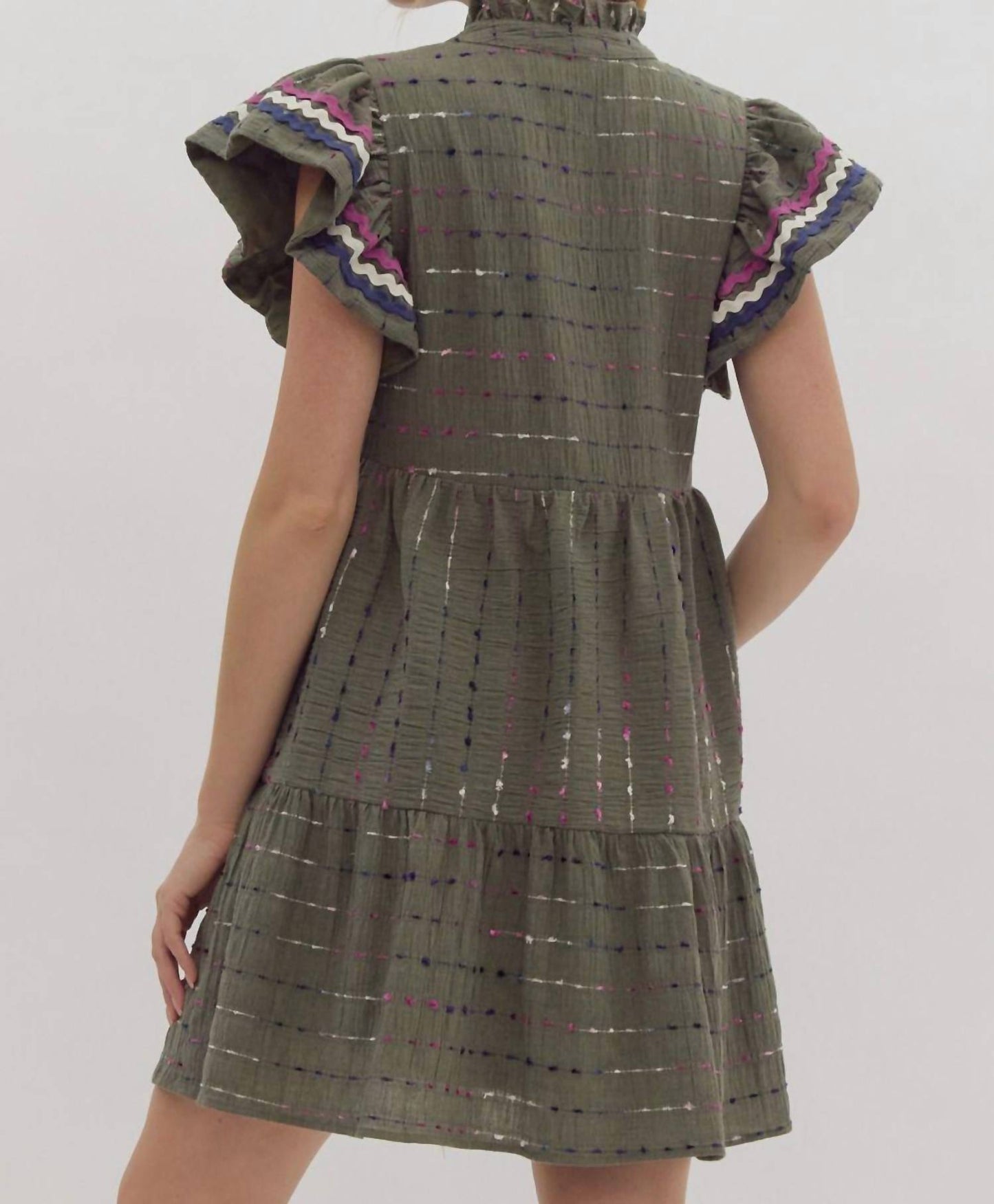 Entro - Textured Mini Dress With Multi Color Ric Rac Trim