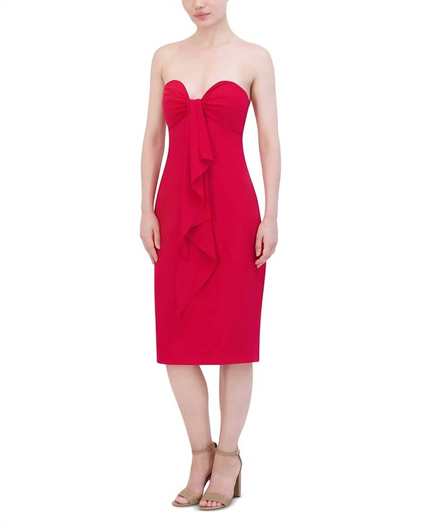 Bcbgmaxazria - स्ट्रैपलेस स्वीटहार्ट रफल फ्रंट मिडी ड्रेस