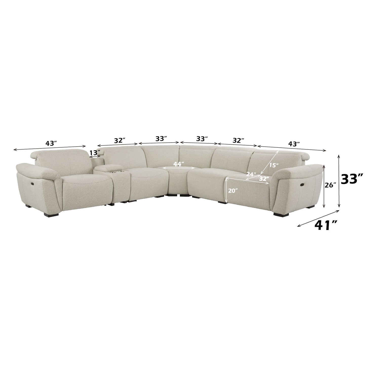 Dayana Boucle Power Recliner Sectional Sofa For 5 People With Cupholder Console Adjustable Headrest - Beige