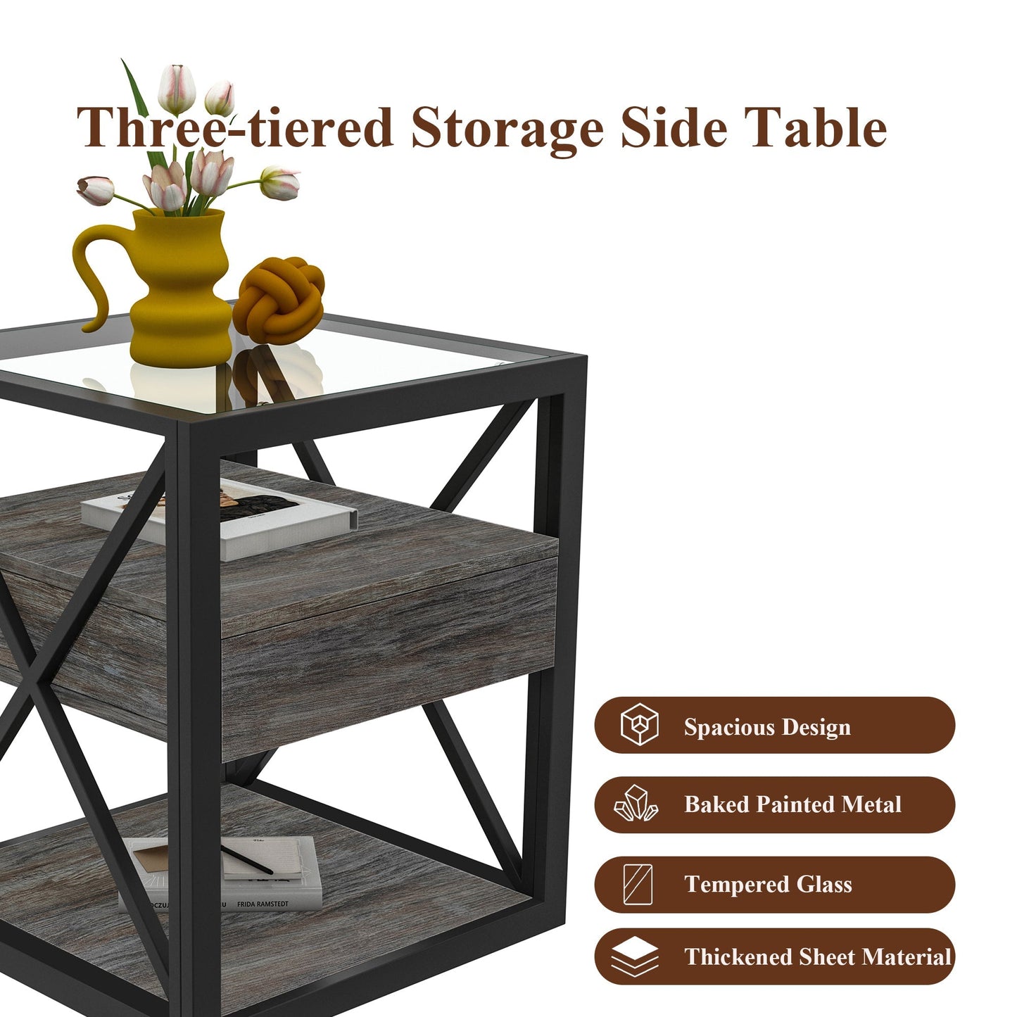 Set of 2 Modern End Tables with Drawer - Nightstand