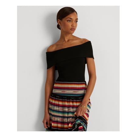 LAUREN RALPH LAUREN Womens Black Fitted Ribbed Short Sleeve Off Shoulder Party Top XL