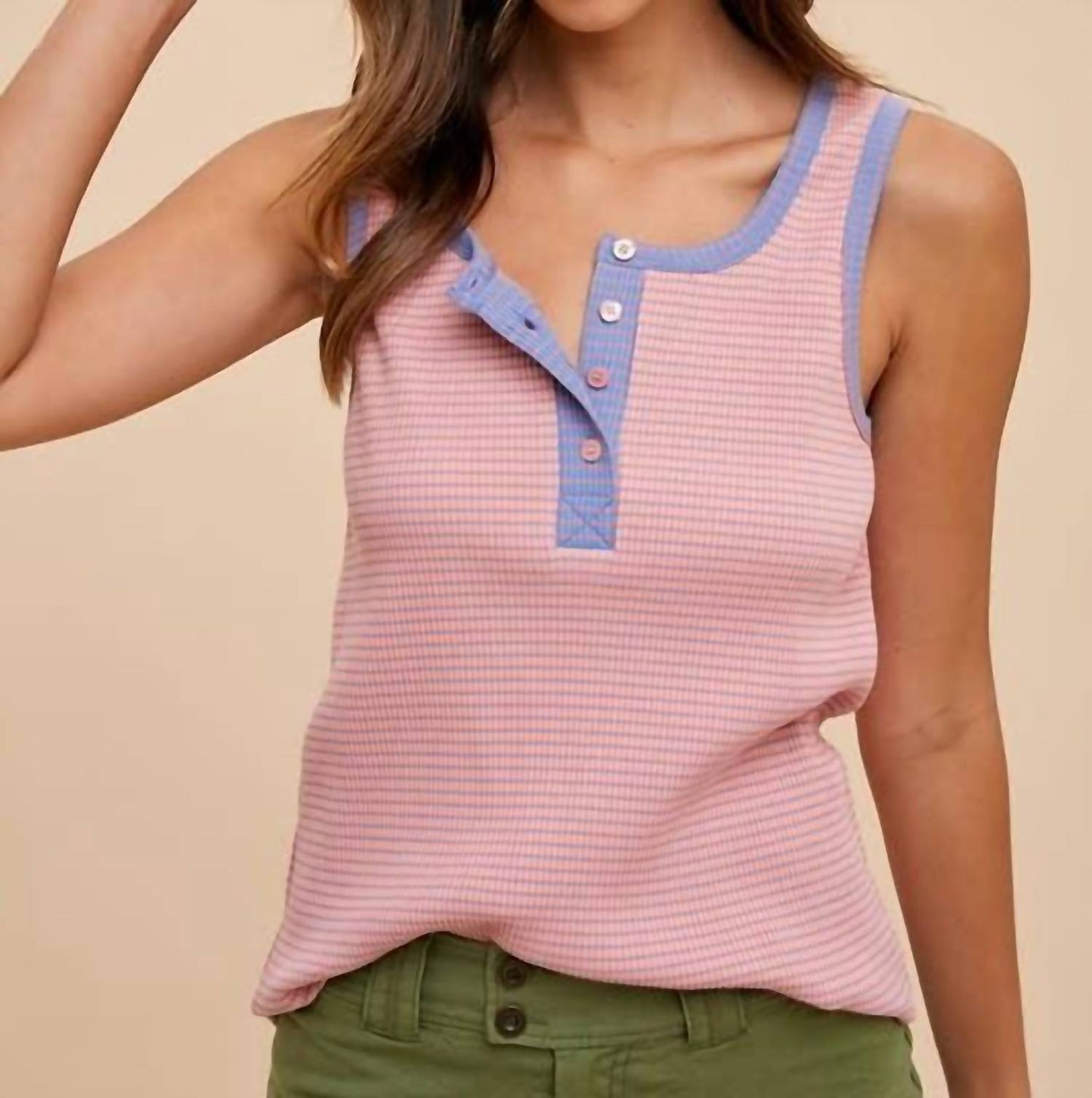 Anniewear - Contrast Striped Rib Henley Tank