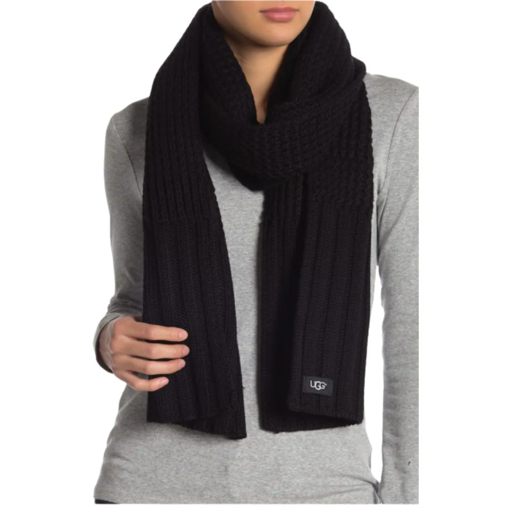 UGG Women's Black Ribbed Oversized Wool-Blend Scarf One Size