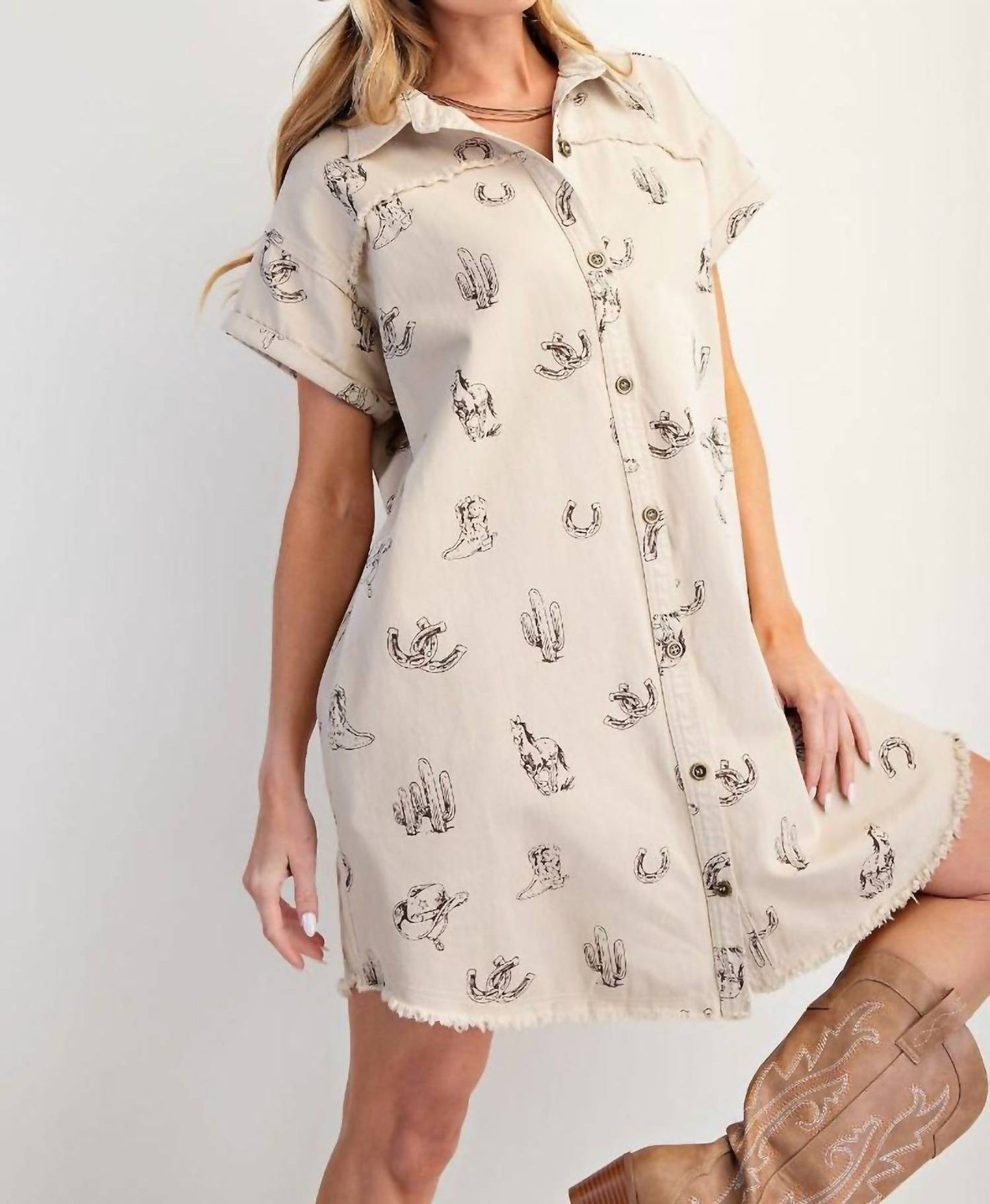 Easel - Western Printed Washed Twill Shirt Dress