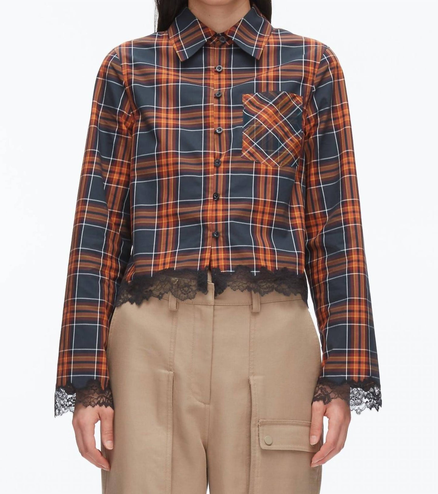 3.1 Phillip Lim - Long Sleeve Cropped Shirt With Lace Hem