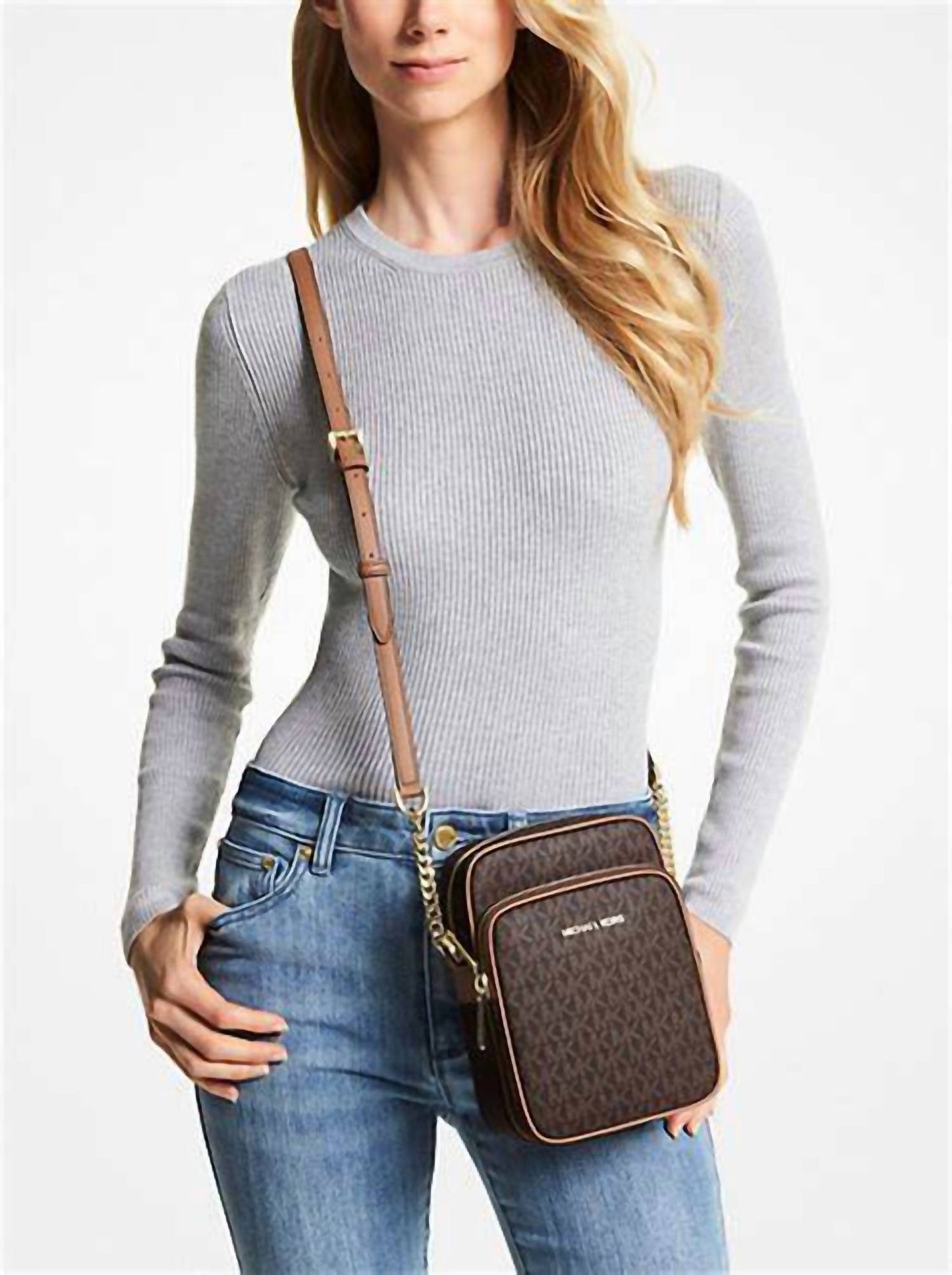 Michael Kors - Women's Brown Jet Set Travel Medium Logo Crossbody Bag