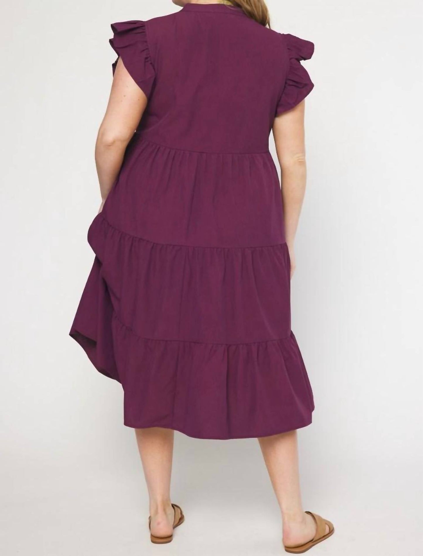 Entro - Ruffle Sleeve Tiered Midi Dress - PLUS