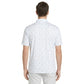 A man modeling a short-sleeve polo shirt with a white base and a light blue all-over micro-pattern, paired with light gray pants, against a plain white background.