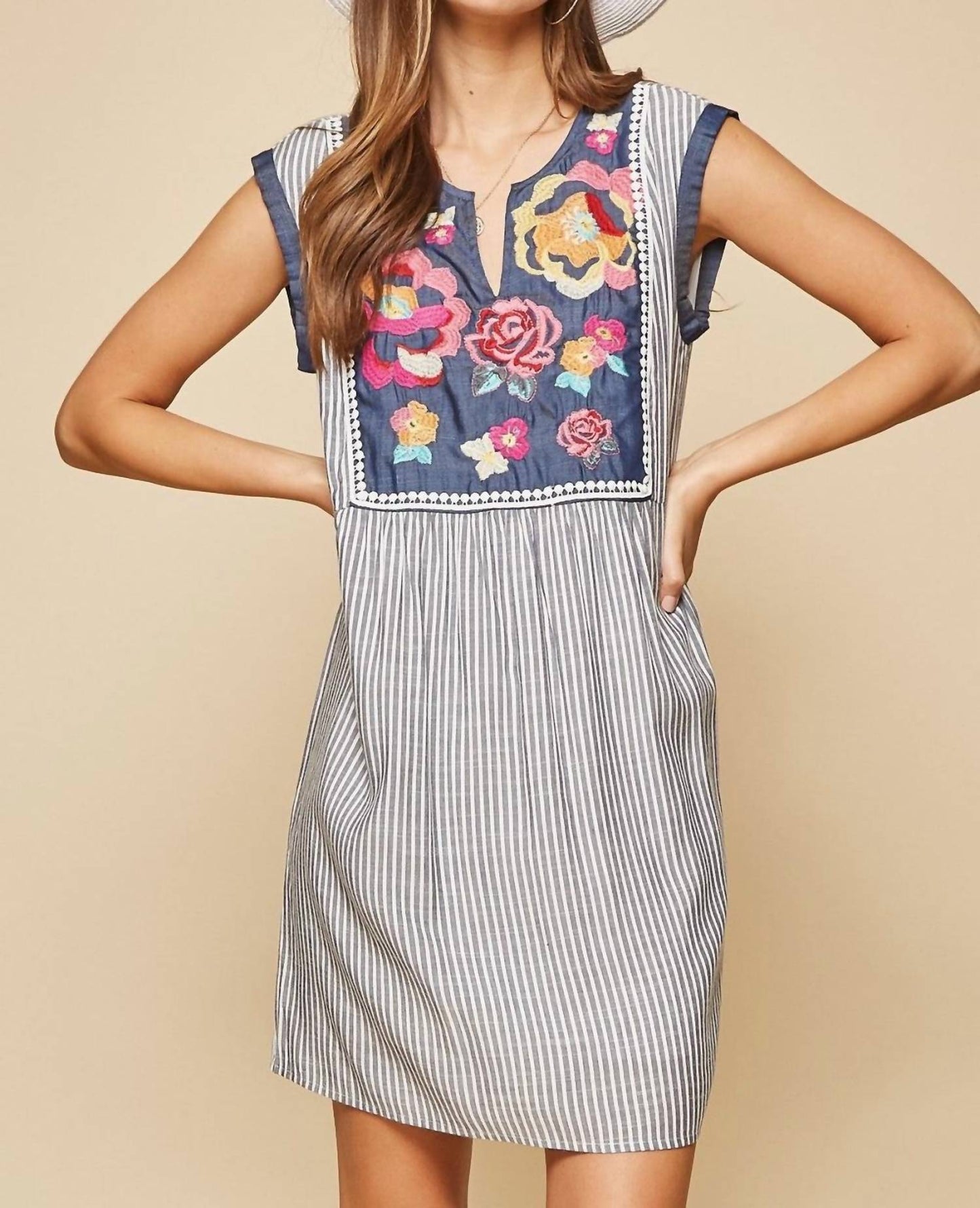Andree By Unit - Floral Embroidered Stripe Dress