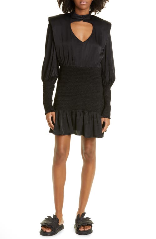 farm-rio-smocked-mock-neck-cutout-long-sleeve-dress-in-black-size-large