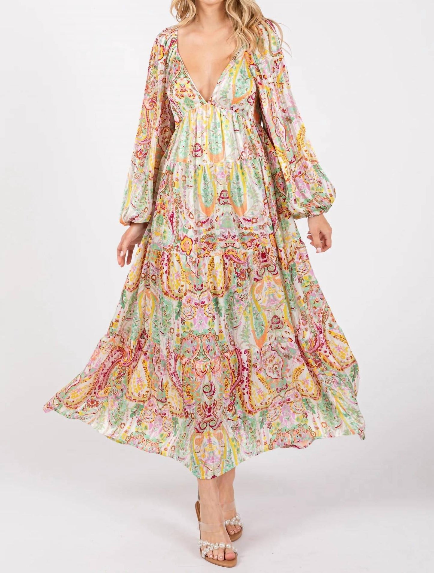 Baevely By Wellmade - Paisley Floral Metallic Striped Tiered Long Puff Sleeve Maxi Dress