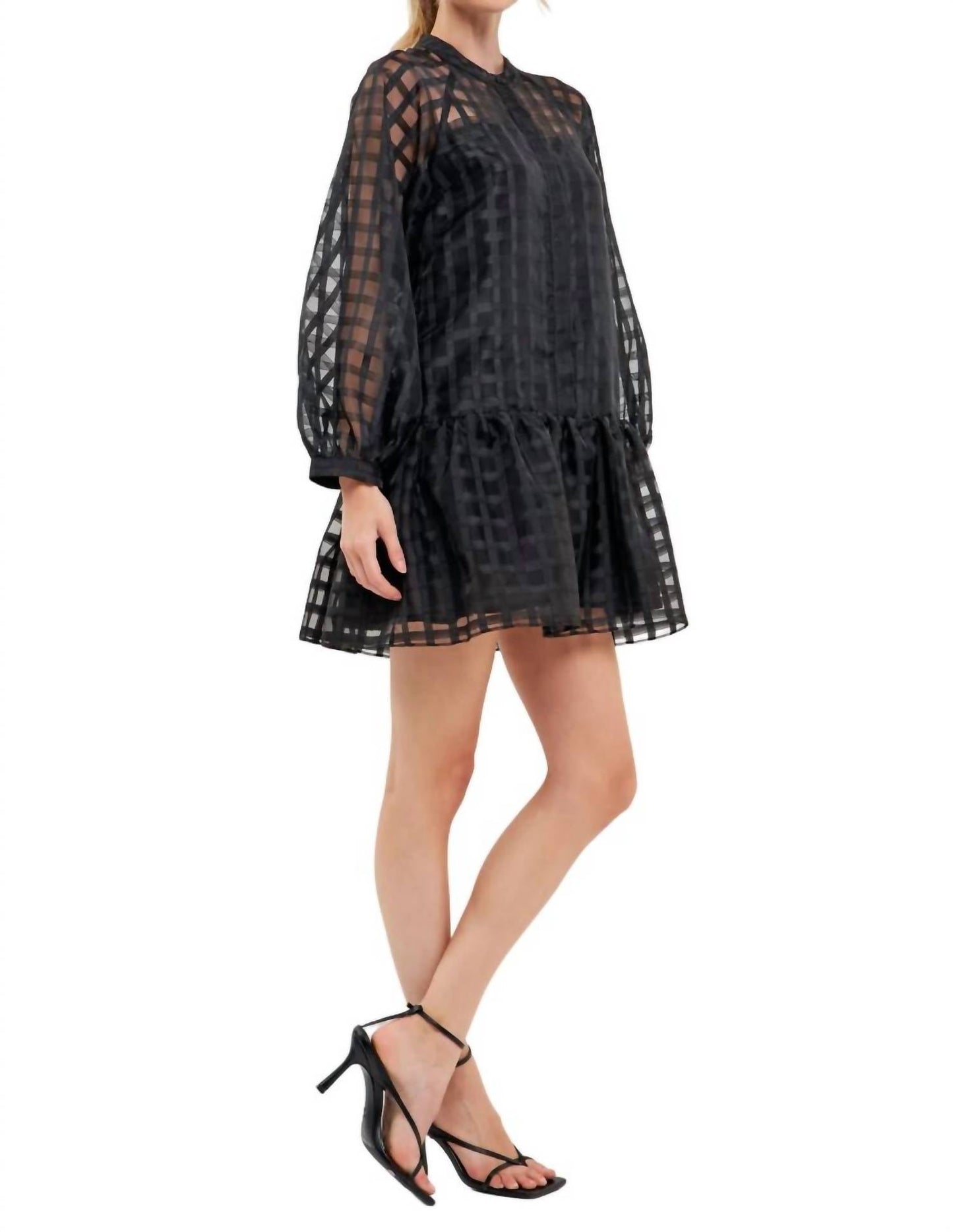 2.7 August Apparel - CHECK ORGANZA BUTTONED LONG SLEEVE MINI DRESS