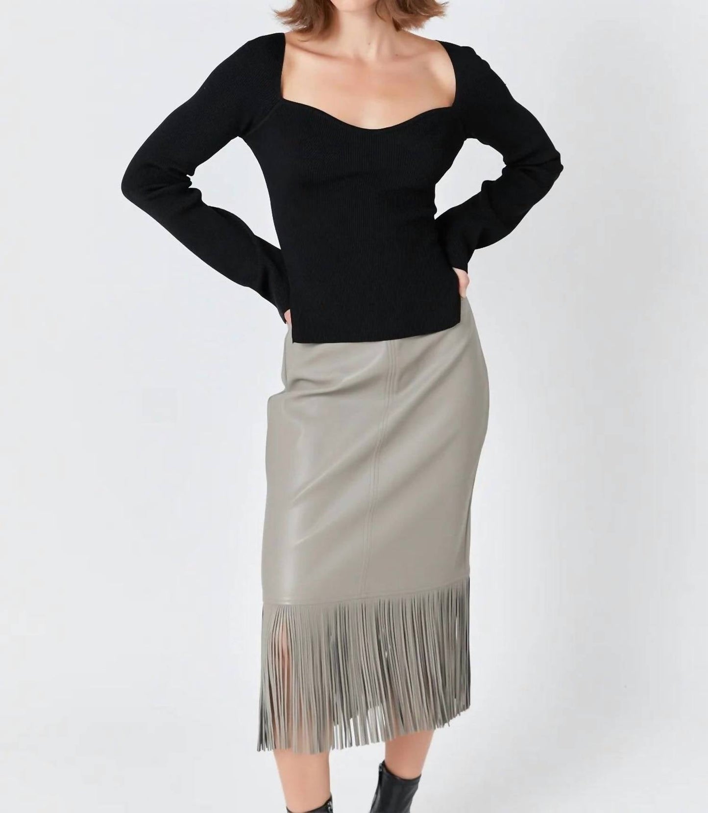 Endless Rose - Faux Leather Fringe Midi Skirt