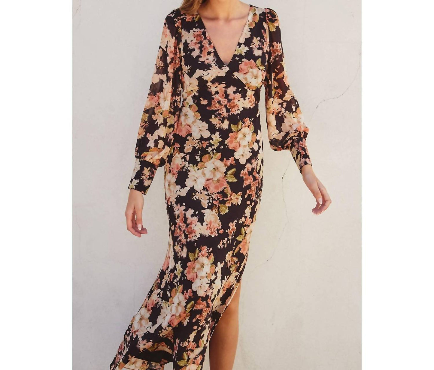 Dress Forum - Midnight Floral Long Sleeve Midi Dress