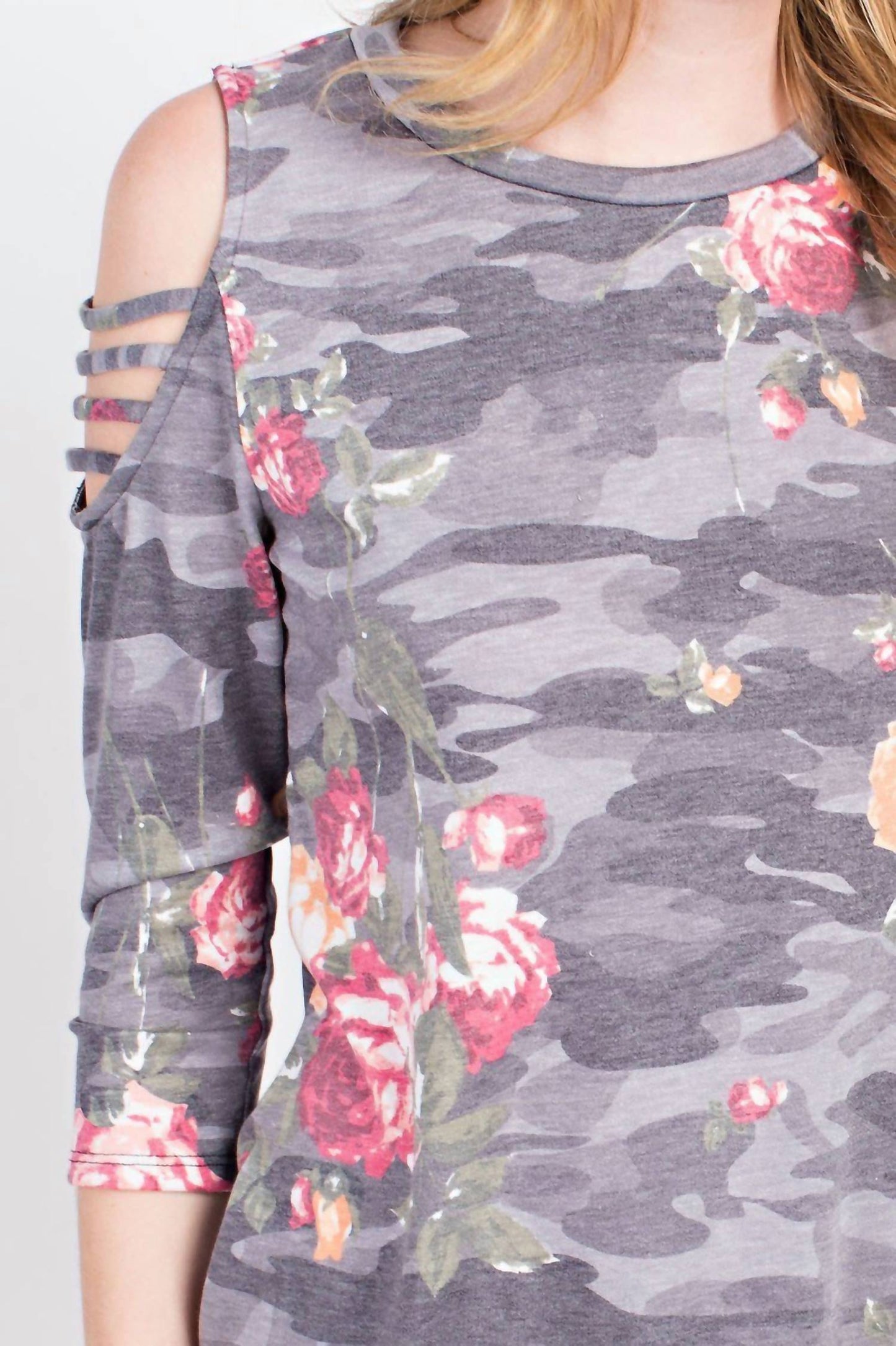 12Pm By Mon Ami - Floral Cold Shoulder 3/4 Sleeve Top