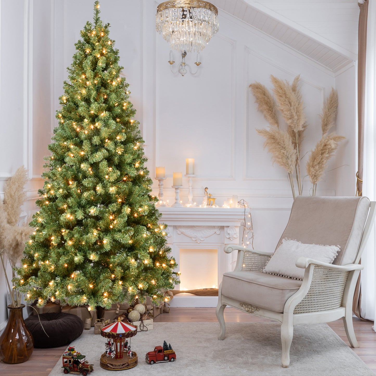 7ft Pre-Lit PVC Christmas Tree with 400 UL Lights, Auto-Unfold Memory Wire, Easy Assembly