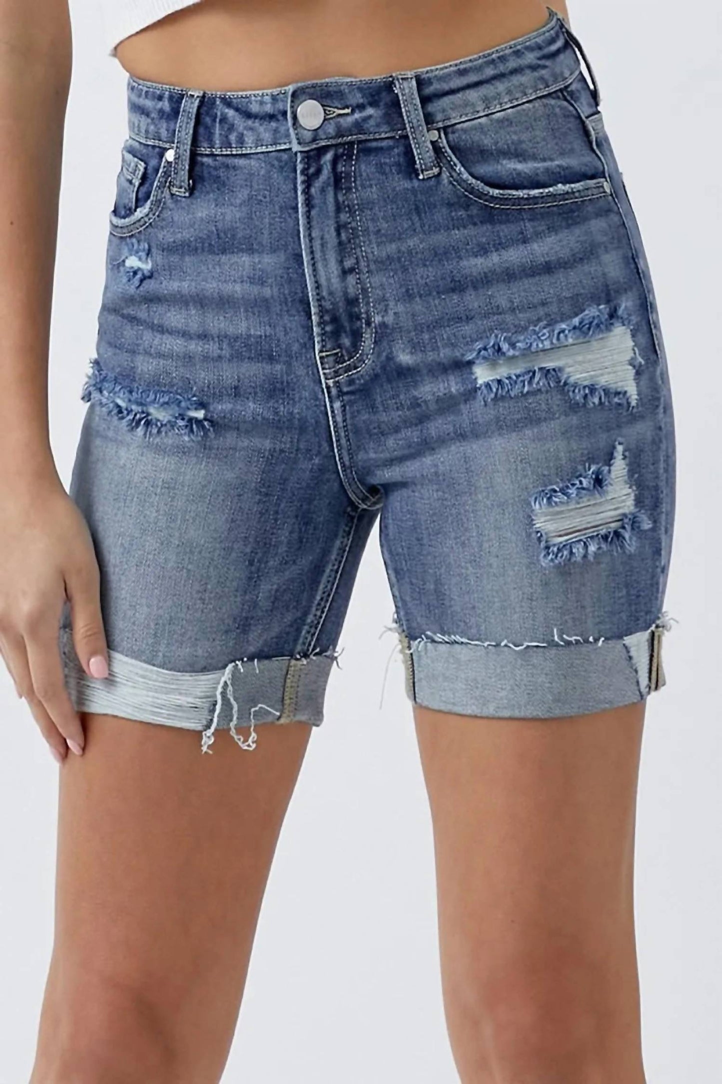 Risen - Full Size Distressed Rolled Denim Shorts With Pockets