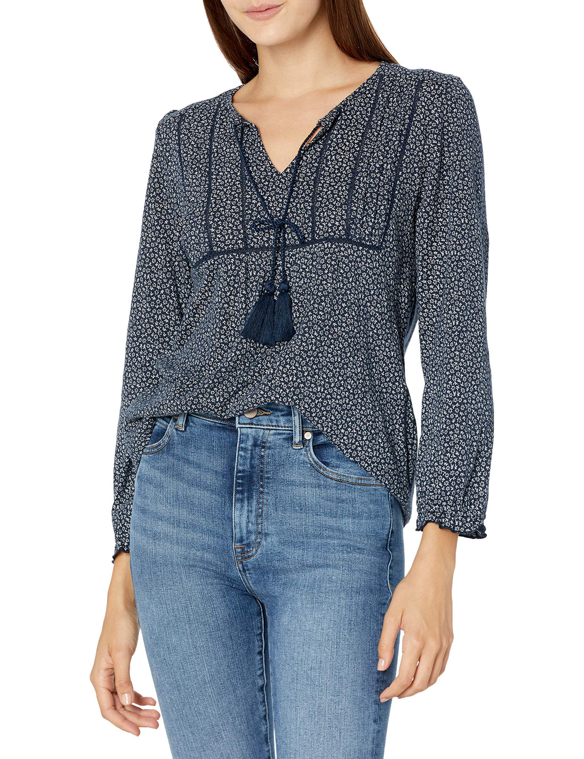 Lucky Brand Women's Long Sleeve V Neck Printed Peasant Top, Heather Grey Multi, Small