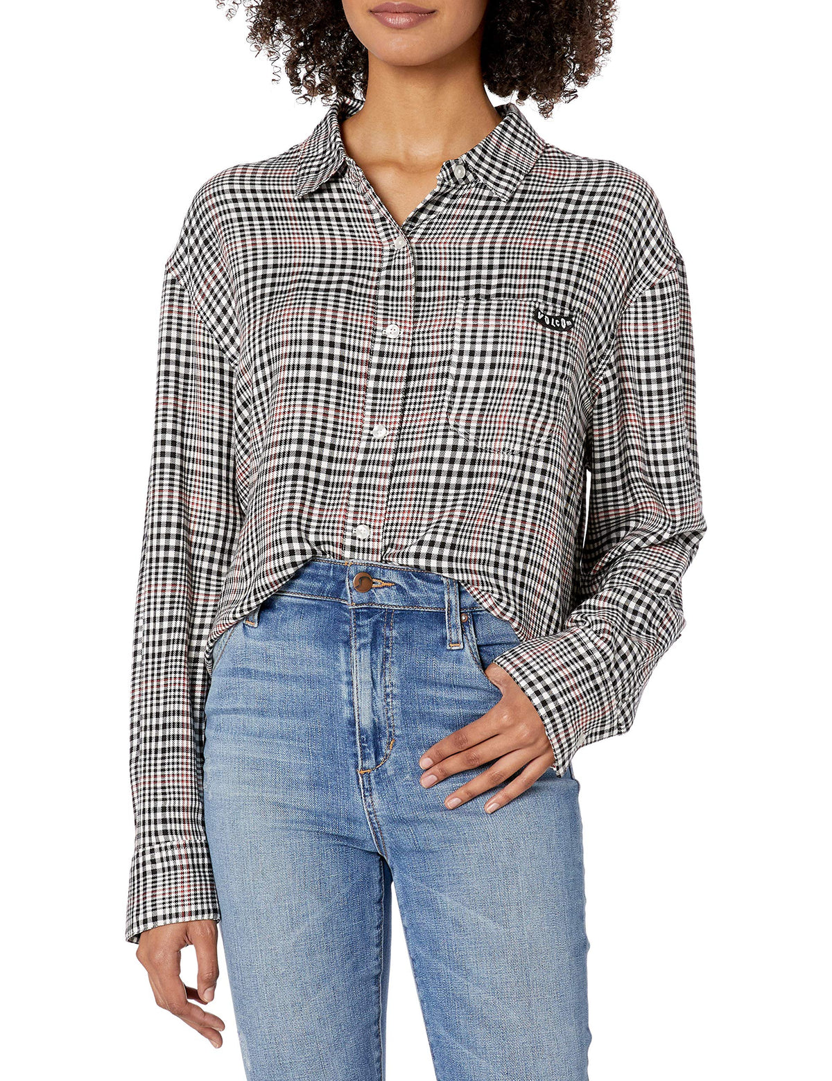 Volcom Women's Junior's Fad Friend Drop Shoulder Button Up Shirt, Black Plaid, Large