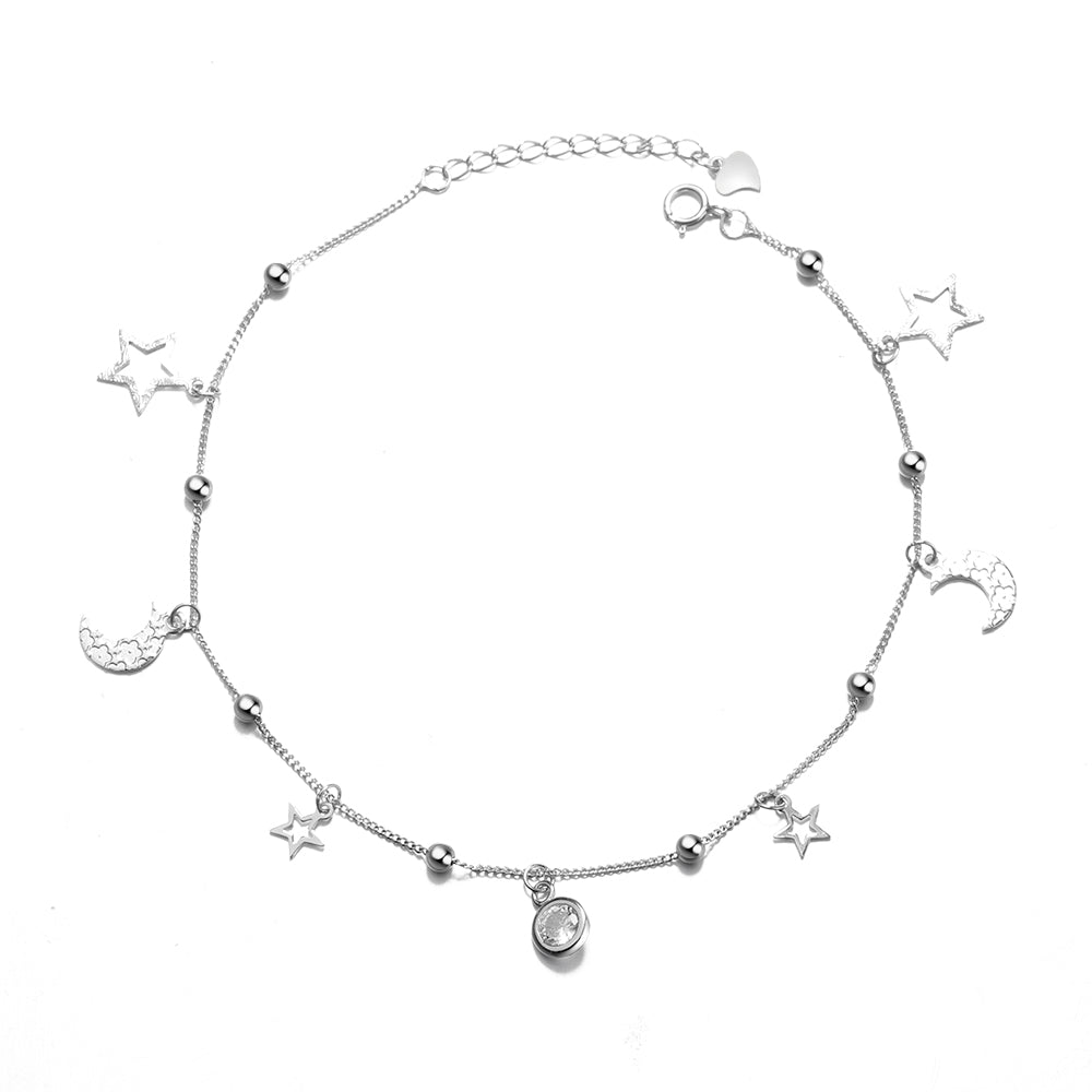 Sterling Silver Stars and Moons Anklet with Simulated Diamond