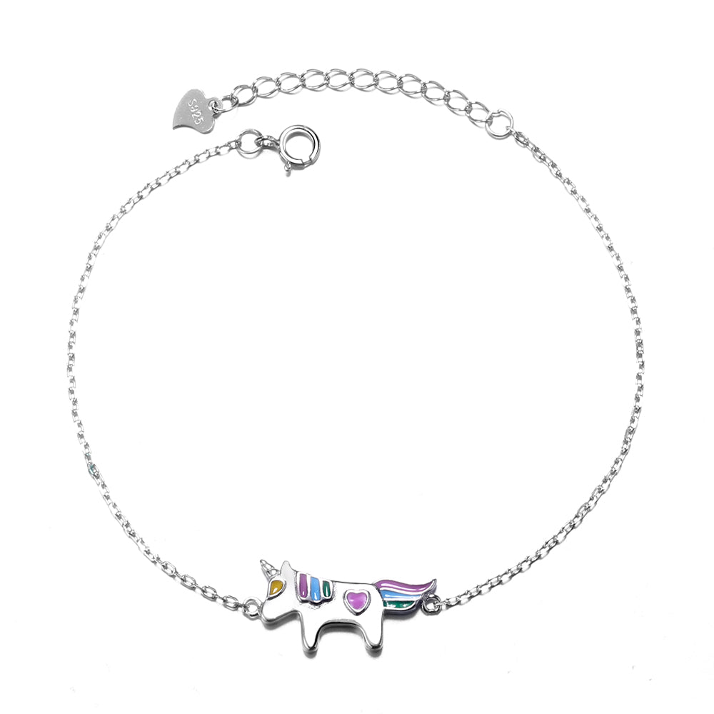 14K White Gold plated Unicorn Charm Bracelet with Crystals