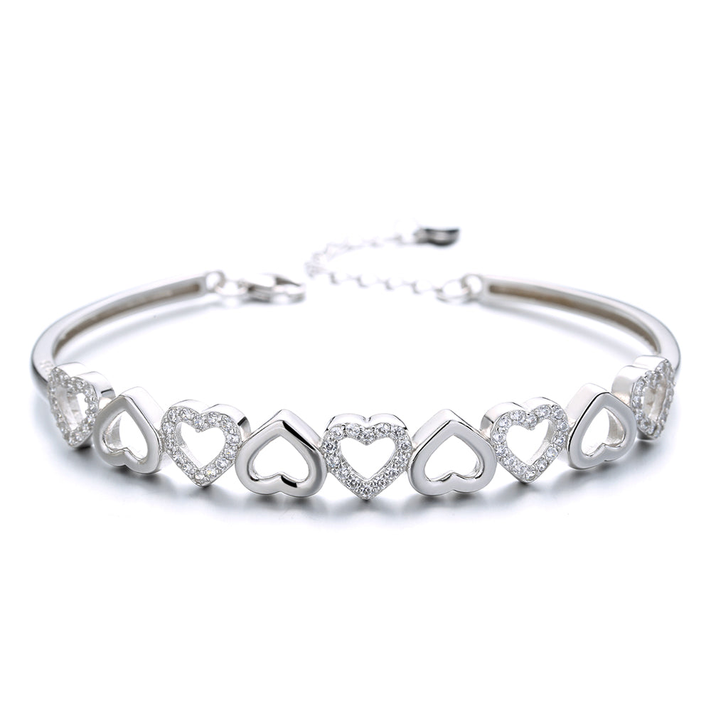 14K Gold Hearts Bangle Adjustable Bracelet with Simulated Diamonds