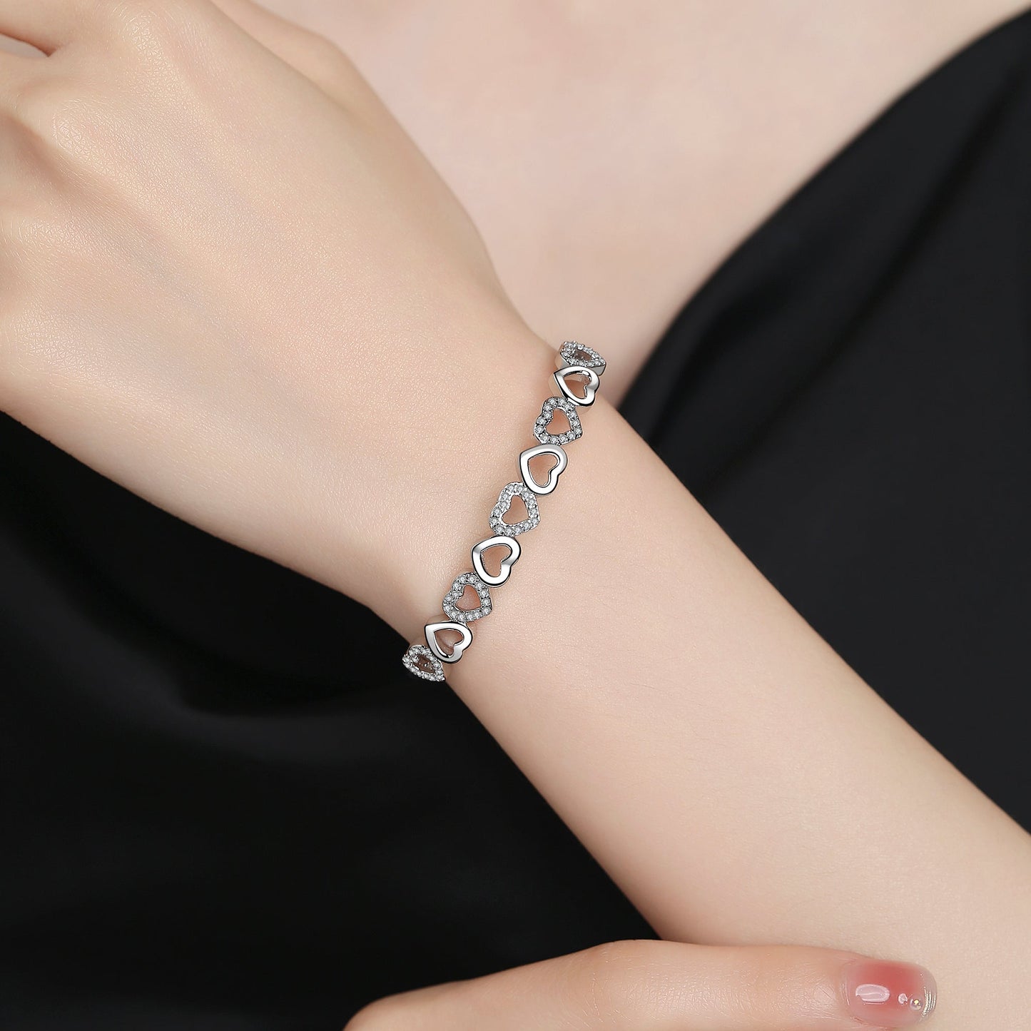 14K Gold Hearts Bangle Adjustable Bracelet with Simulated Diamonds