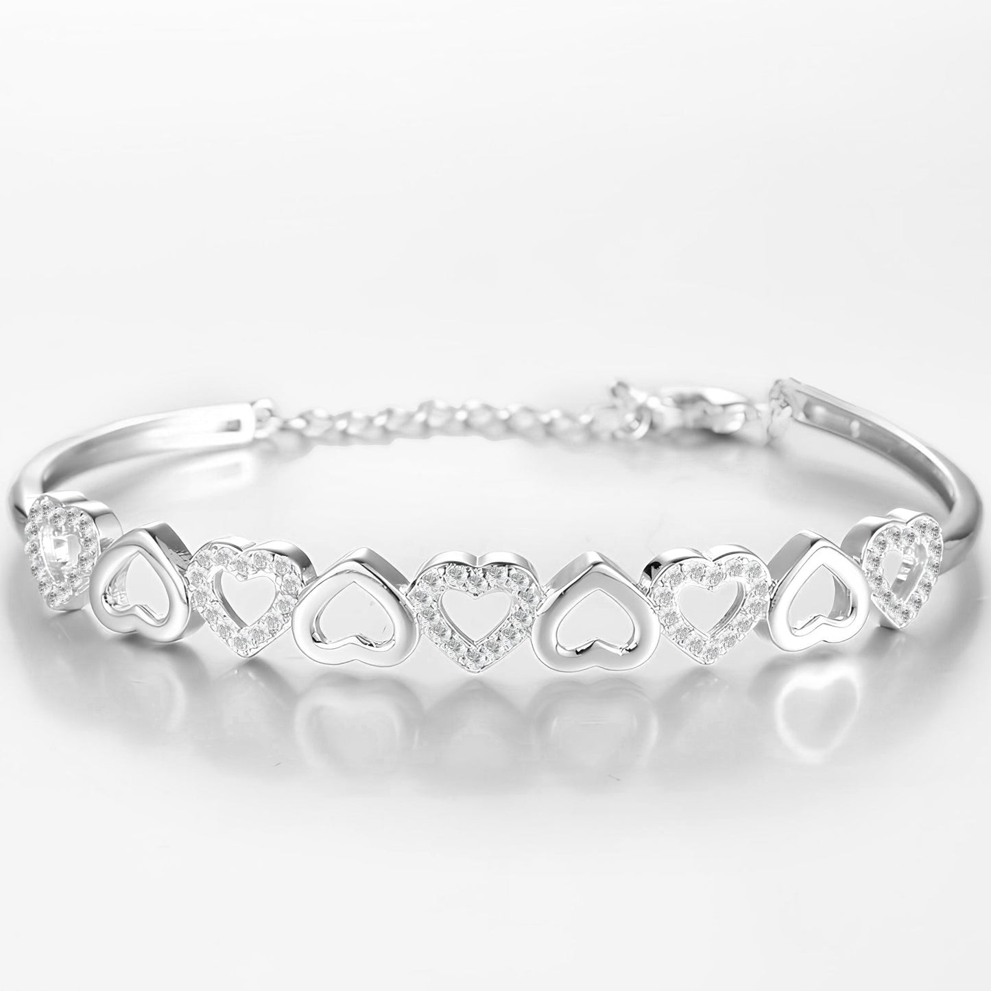 14K Gold Hearts Bangle Adjustable Bracelet with Simulated Diamonds