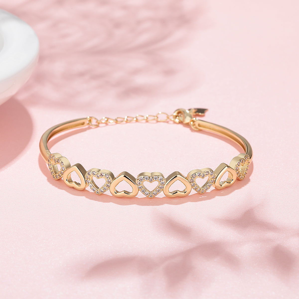 14K Gold Hearts Bangle Adjustable Bracelet with Simulated Diamonds