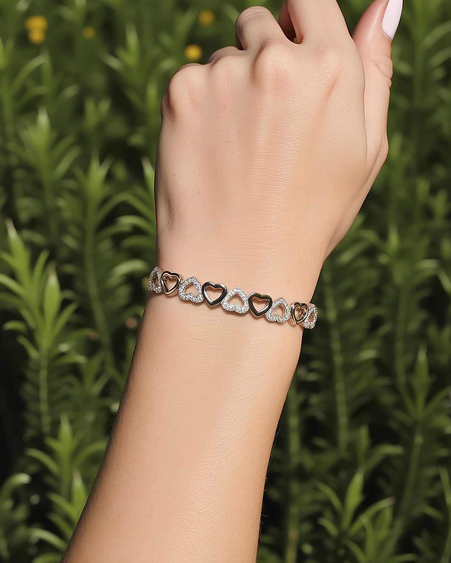 14K Gold Hearts Bangle Adjustable Bracelet with Simulated Diamonds