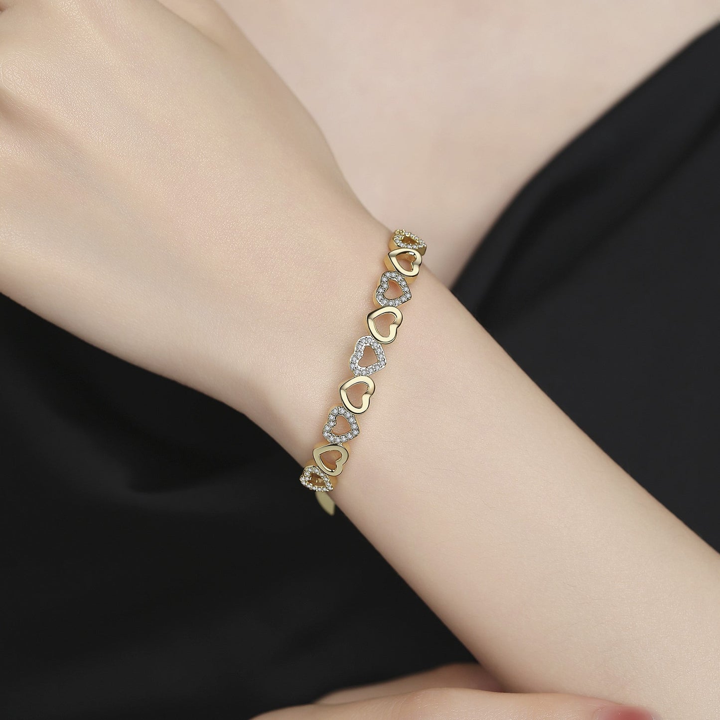 14K Gold Hearts Bangle Adjustable Bracelet with Simulated Diamonds
