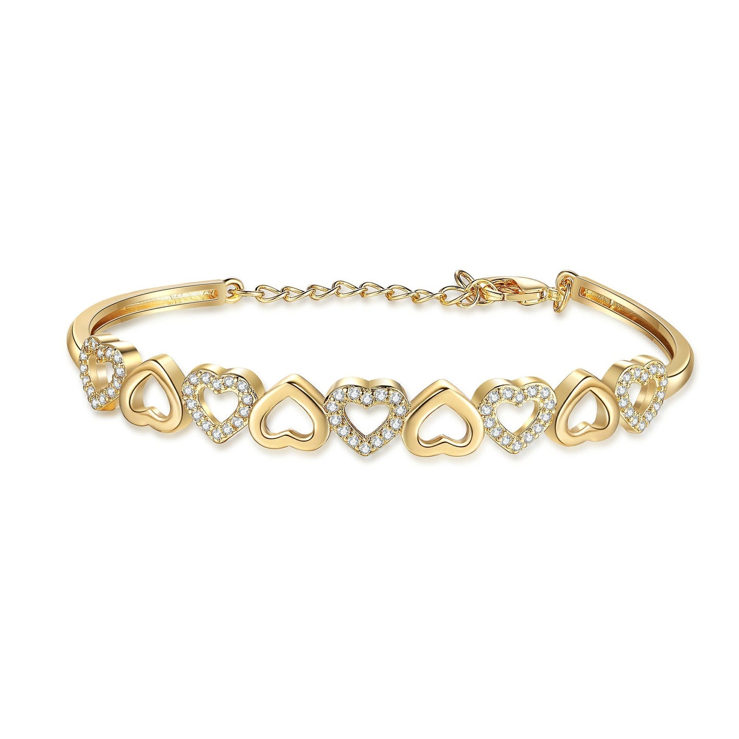 14K Gold Hearts Bangle Adjustable Bracelet with Simulated Diamonds