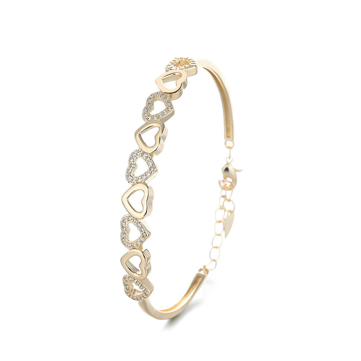 14K Gold Hearts Bangle Adjustable Bracelet with Simulated Diamonds