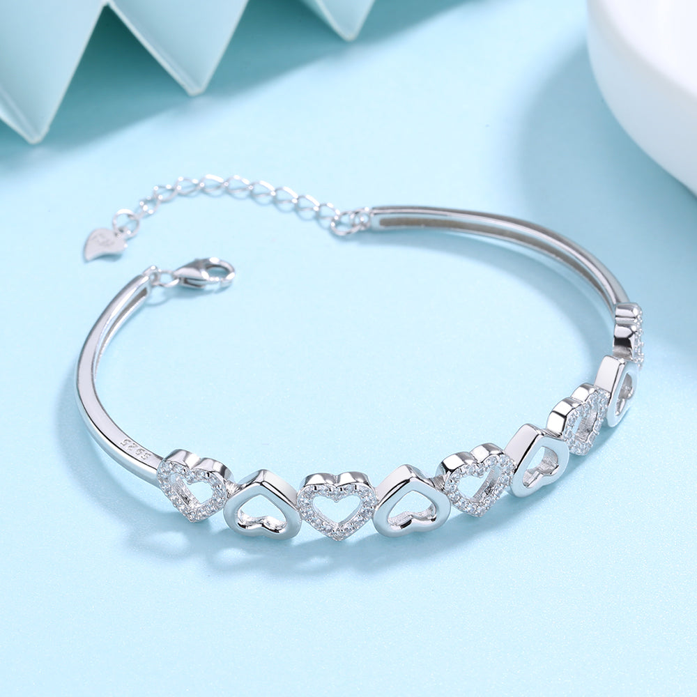 14K Gold Hearts Bangle Adjustable Bracelet with Simulated Diamonds
