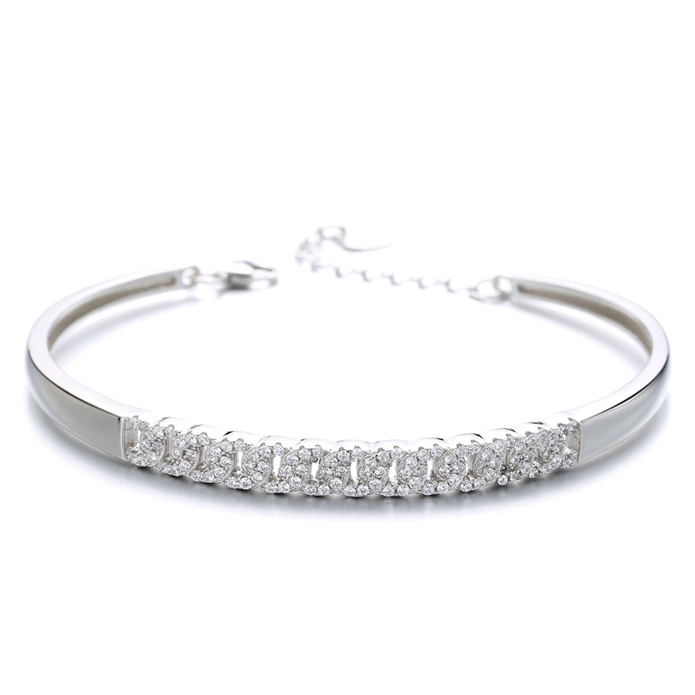 Simulated Diamond Embedded Sterling Silver Adjustable Bangle Bracelet