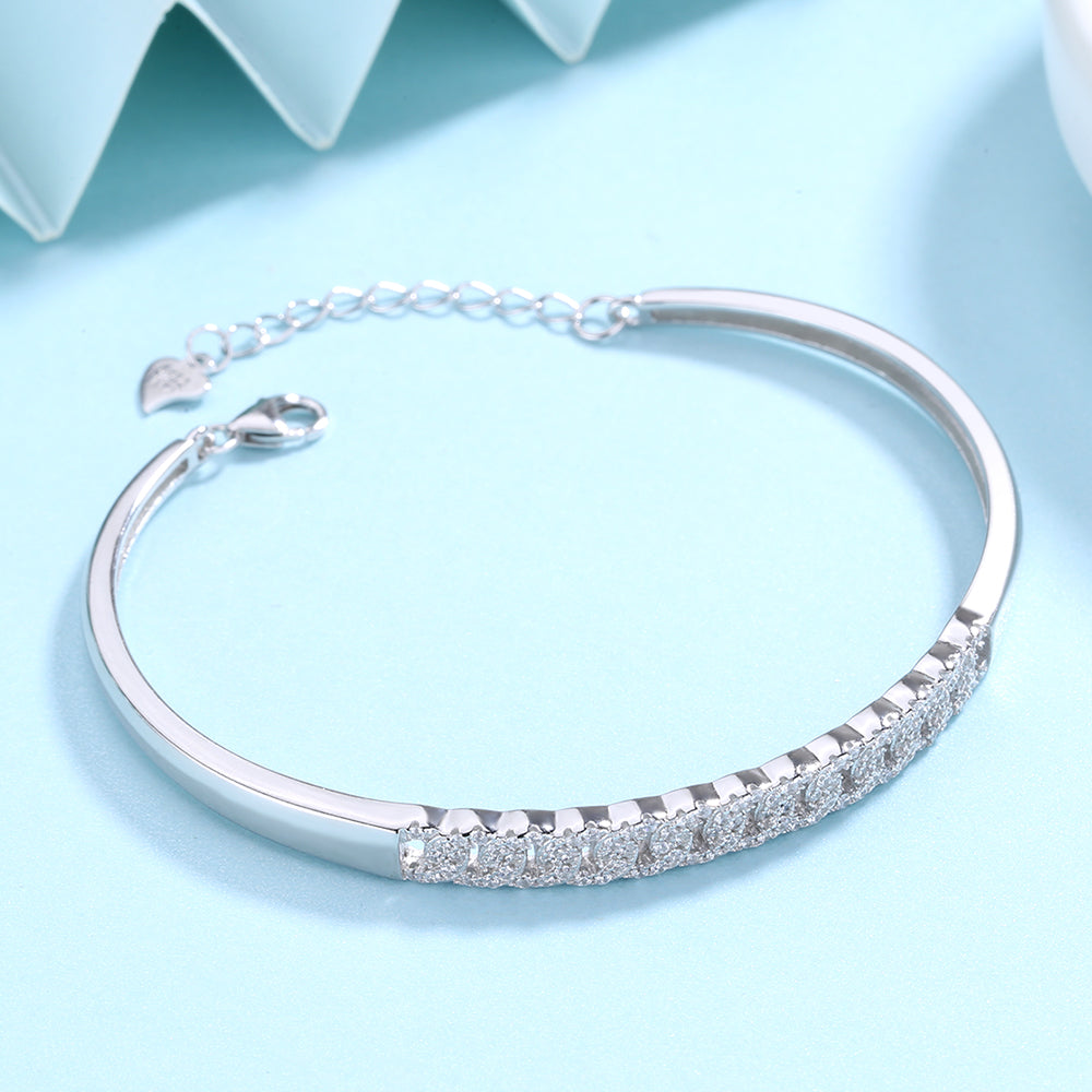 Simulated Diamond Embedded Sterling Silver Adjustable Bangle Bracelet