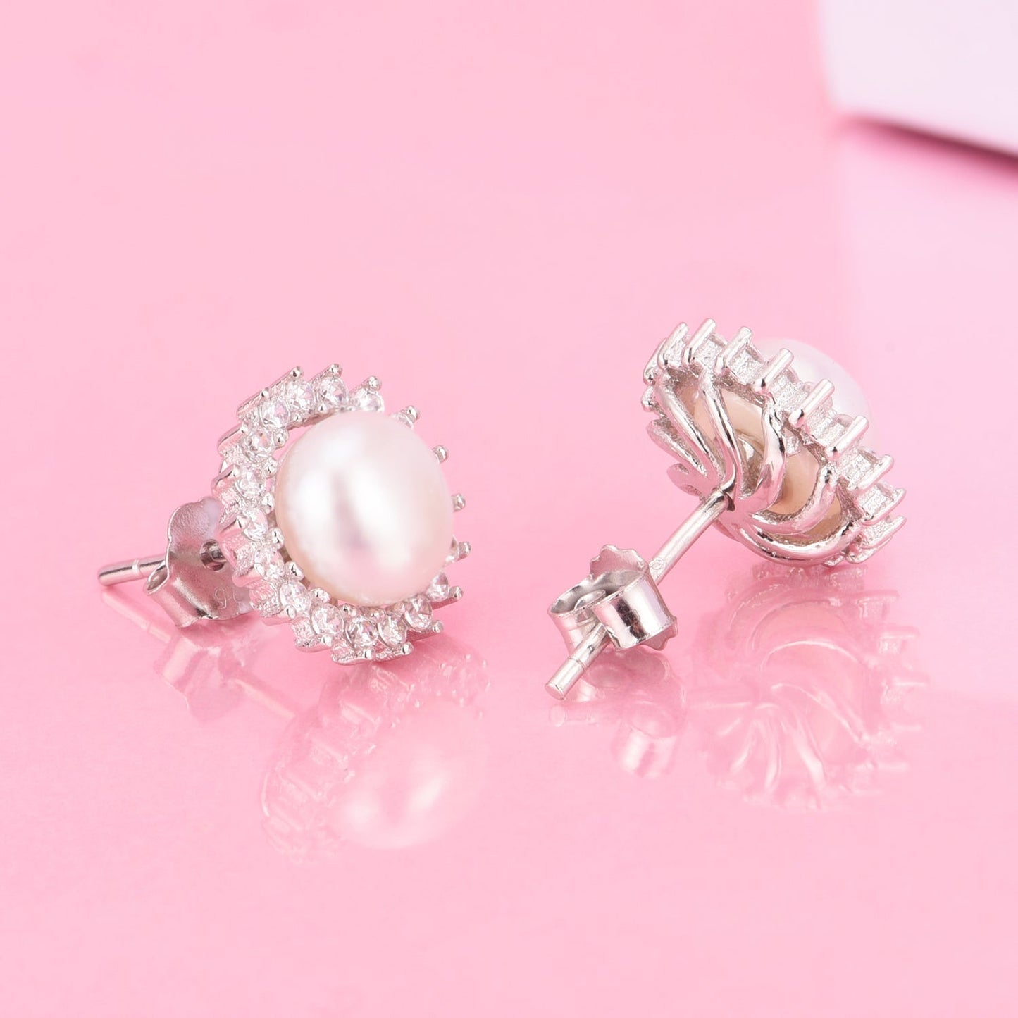 18k Gold and Sterling Silver & Cultured Pearl Halo Stud Earrings