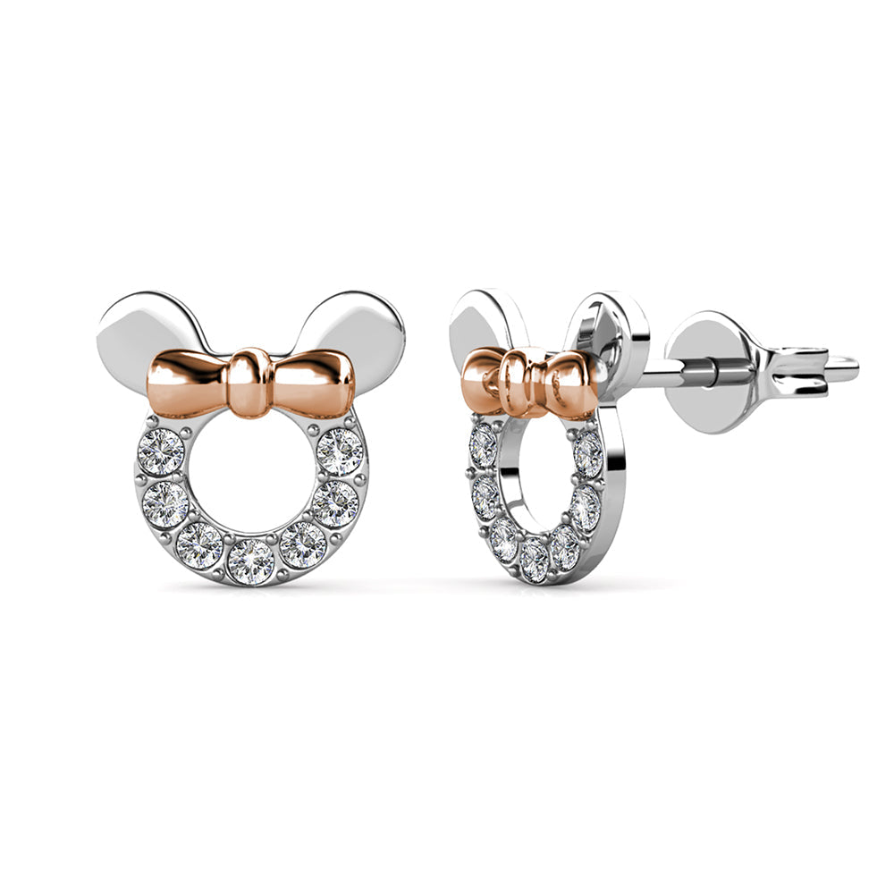 Simulated Diamond Mouse Ears Earring Studs with Rose Gold Bow