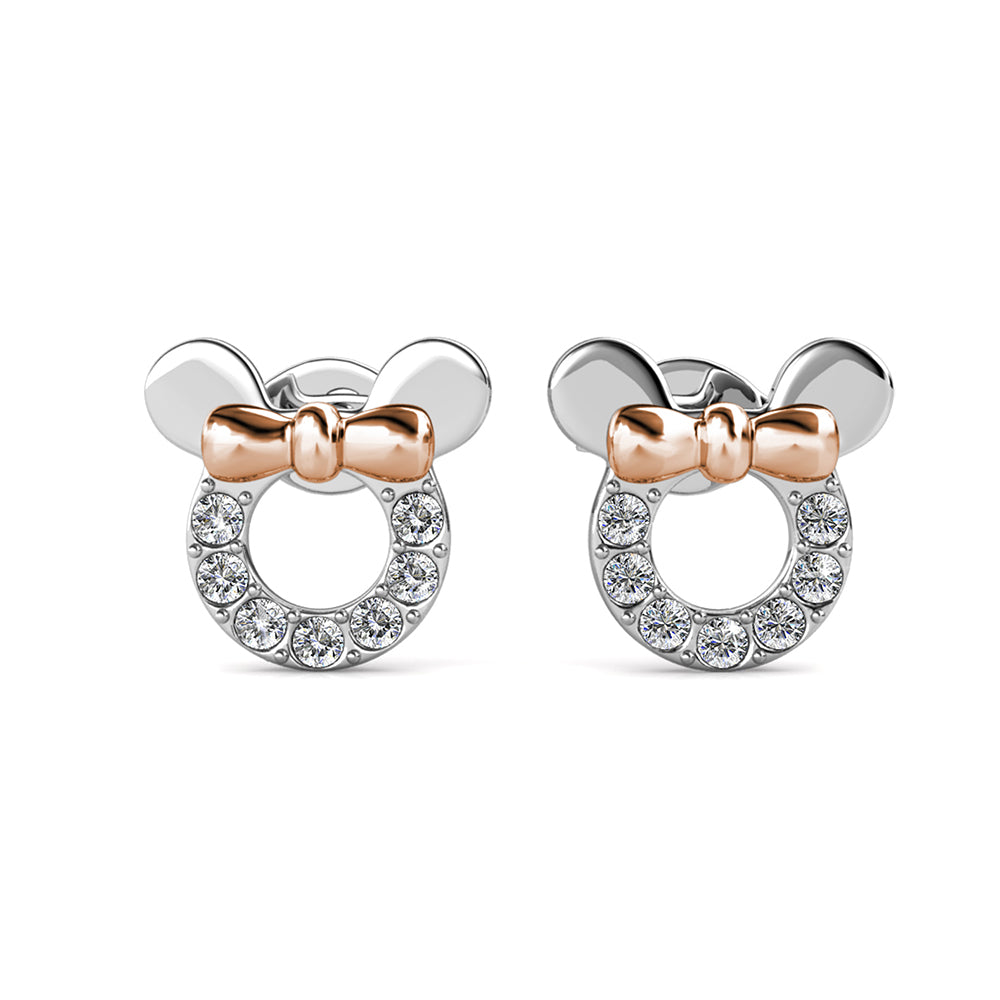 Simulated Diamond Mouse Ears Earring Studs with Rose Gold Bow