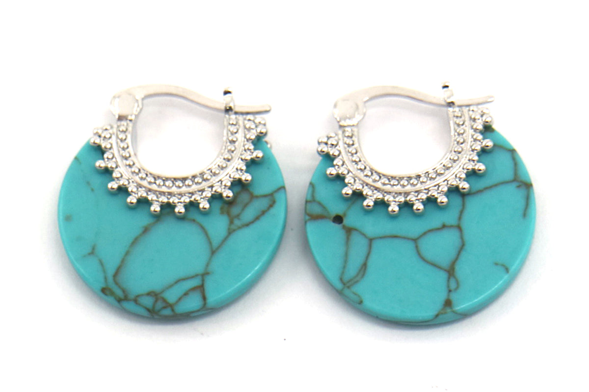 14K White Gold Turquoise Circle Cutout Huggie