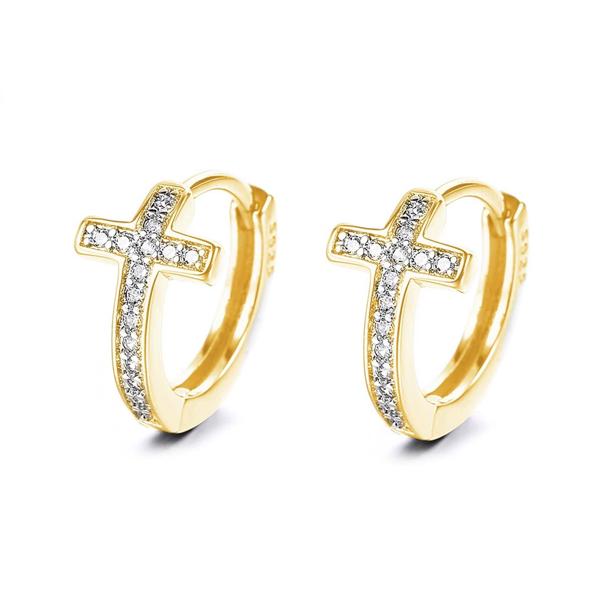 14K Gold Cross Huggie Earring with Genuine Crystals