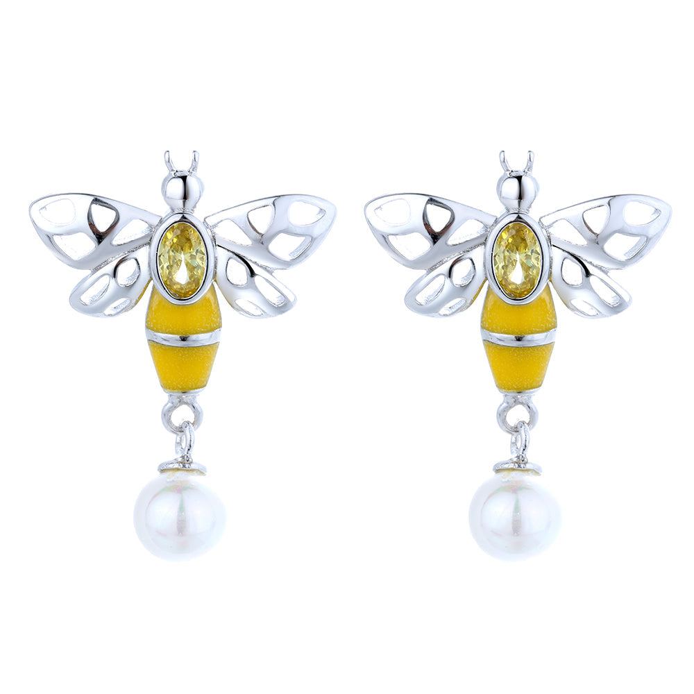 Sterling Silver Bee Earrings With Simulated Diamonds and Pearl