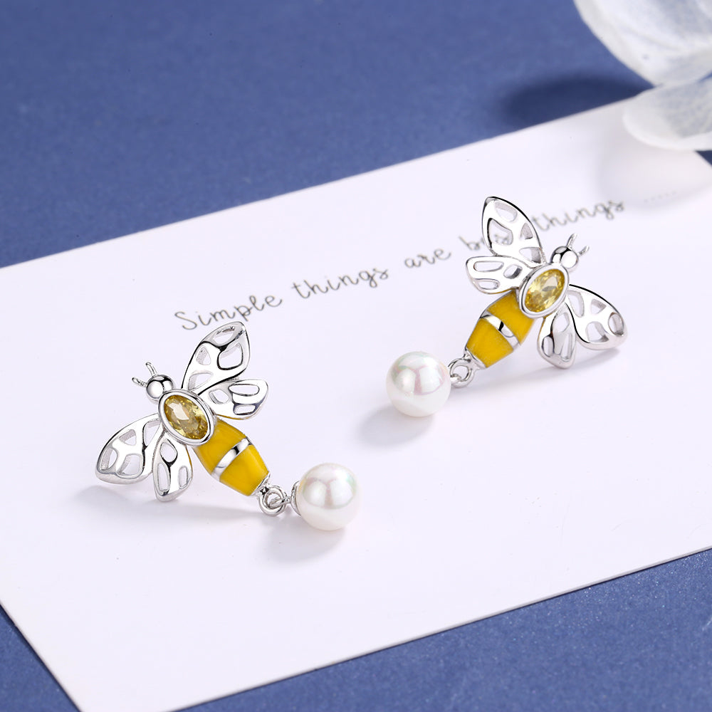 Sterling Silver Bee Earrings With Simulated Diamonds and Pearl