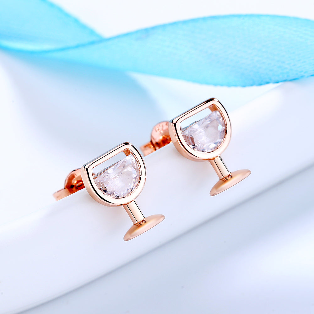 14K Rose Gold and Sterling Silver Wine Glasses Earrings with Simulated Diamonds