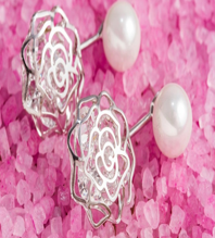 14K Gold Cultured Pearl Rose Drop Earrings With Crystals
