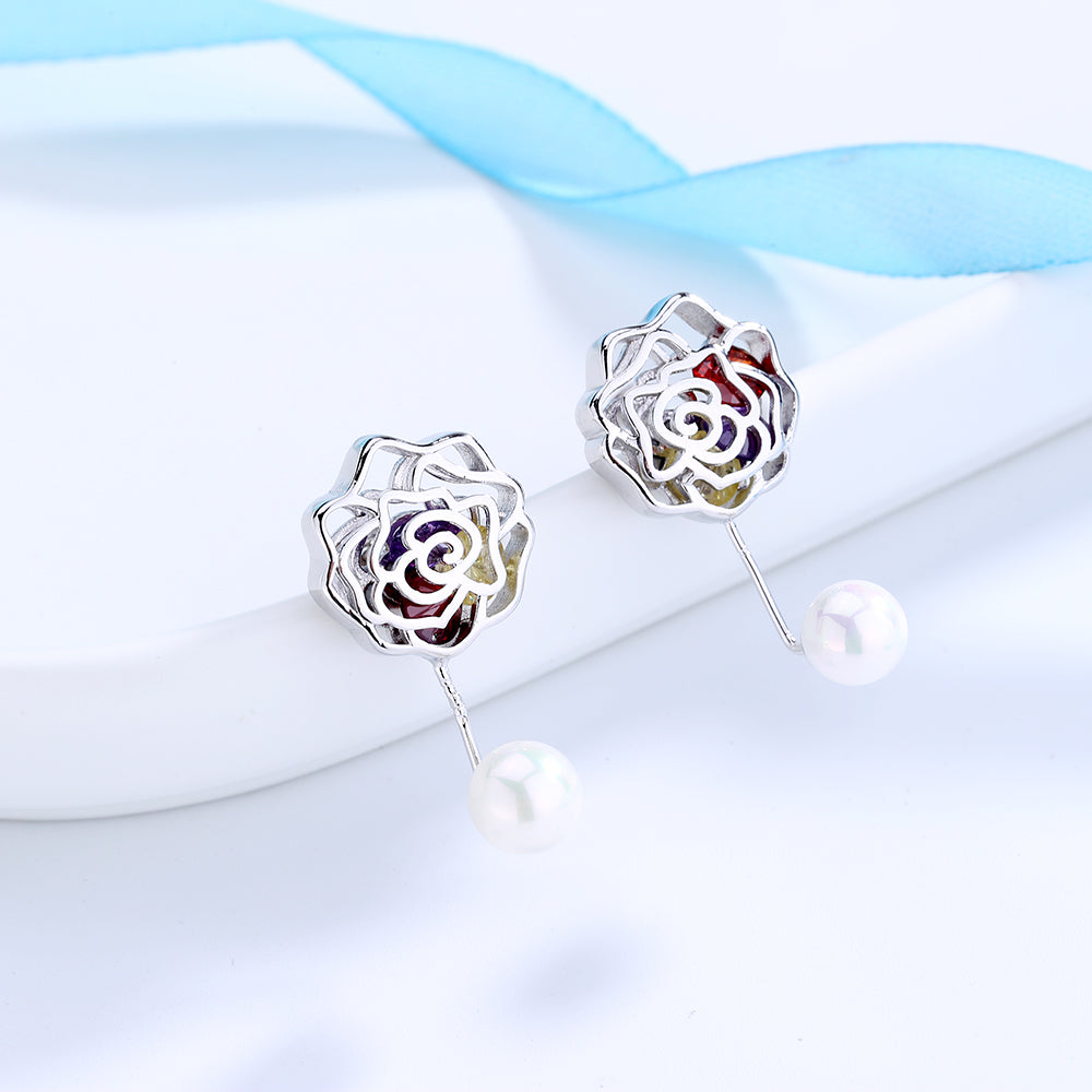 14K Gold Cultured Pearl Rose Drop Earrings With Crystals