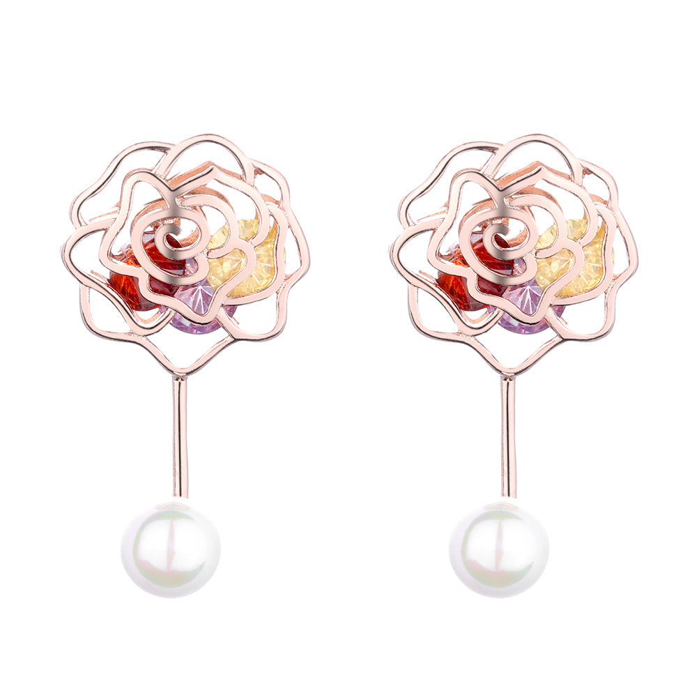 14K Gold Cultured Pearl Rose Drop Earrings With Crystals
