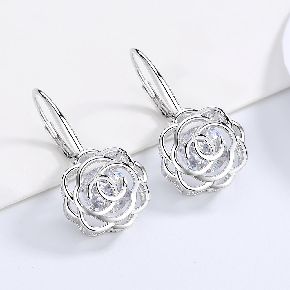 14K Gold Caged with crystals Rose Lever Back Earrings