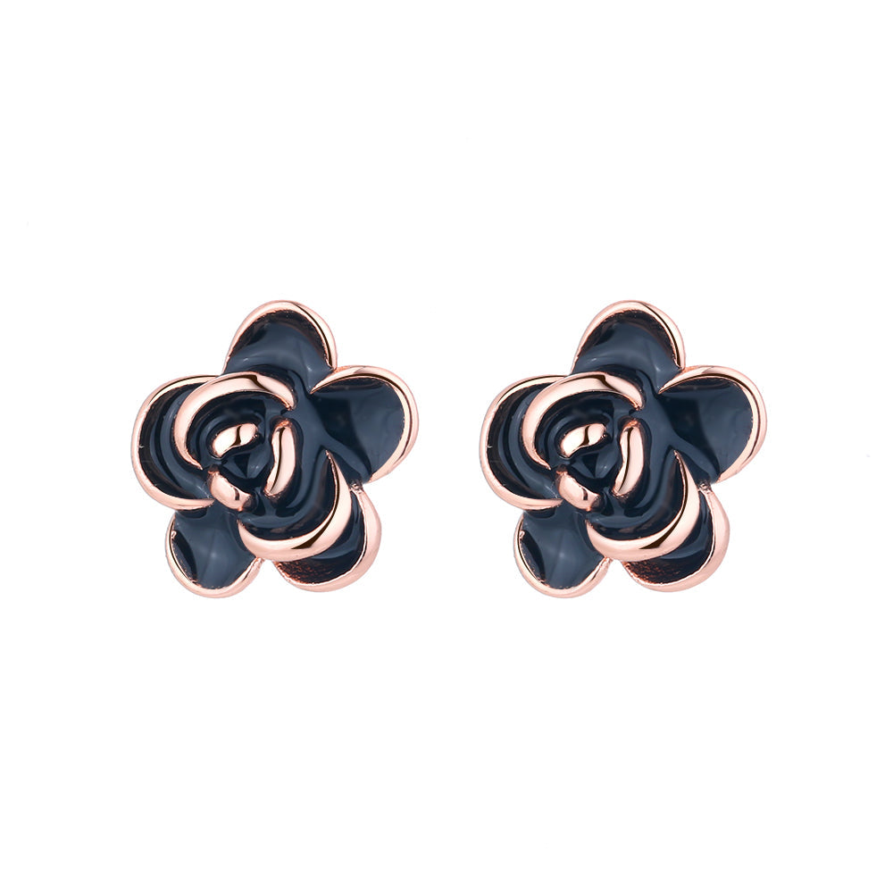 14K Rose Gold Flower Oxidized Flower Earring
