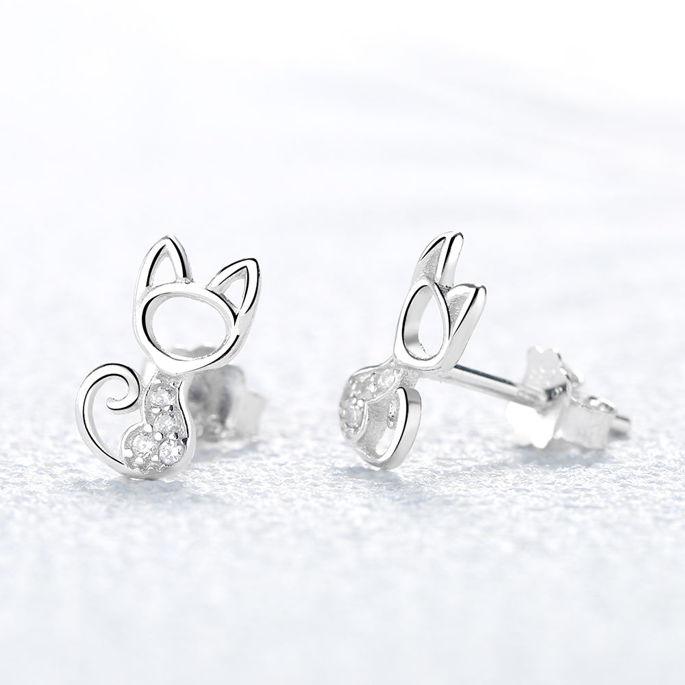 Sterling Silver Whimsical Cat Earrings with Crystal